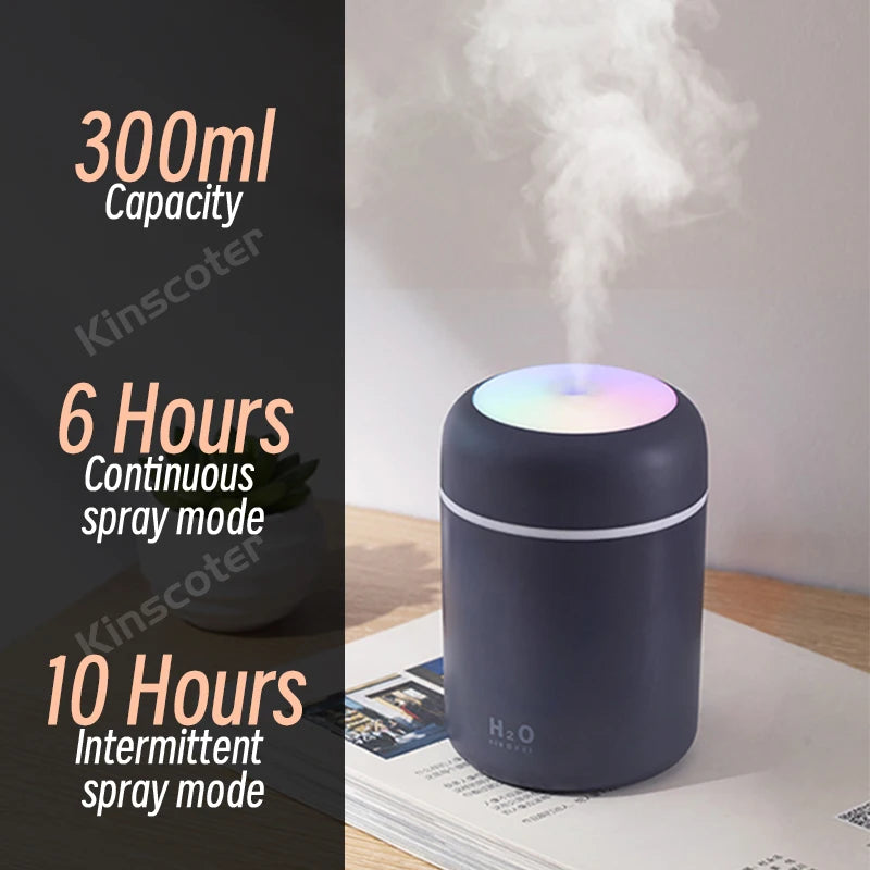 Mini humidificador e purificador de ar USB 300ml  com névoa fria